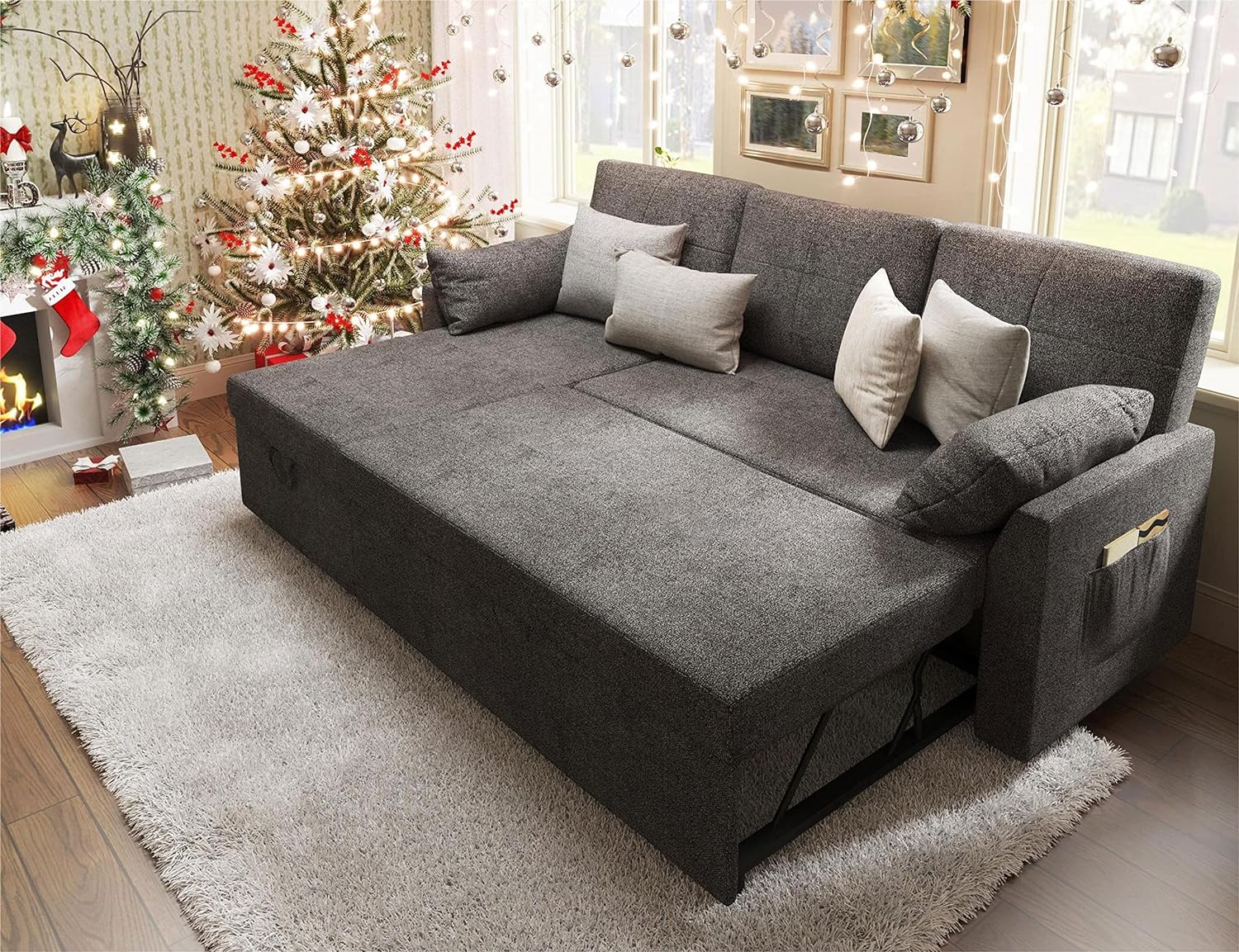 VanAcc Sleeper Sofa, Sofa Bed- 2 in 1 Pull Out Couch Bed with Storage Chaise for Living Room, Sofa Sleeper with Pull Out Bed, Grey Linen Couch