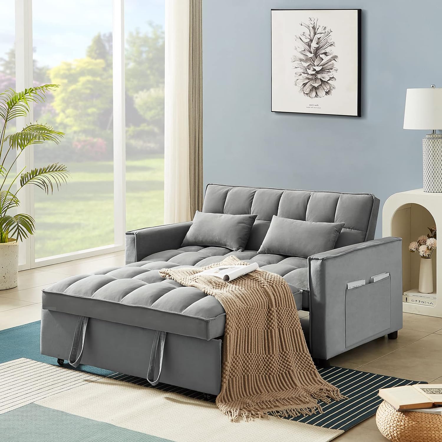 3 in 1 Convertible Sleeper Sofa Bed, Modern Velvet Loveseat Futon Couch w/Pullout Bed, Small Love Seat Lounge Sofa w/Reclining Backrest, Toss Pillows, Pockets, Furniture for Living Room, Grey