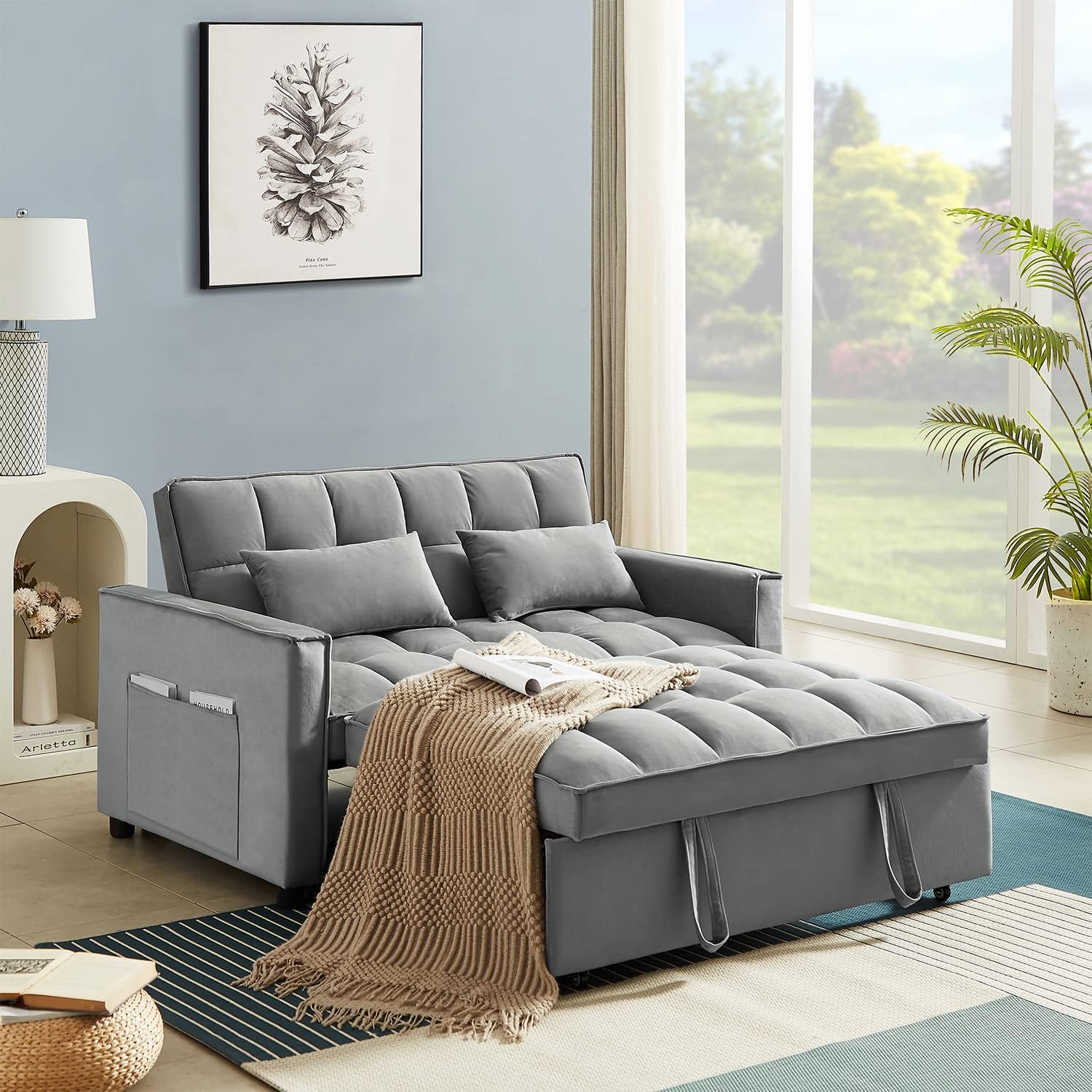 Sleeper Sofa Couch w/Pull Out Bed, 55 Modern Velvet Convertible Sleeper Sofa Small Love seat Sofa Bed with 2 Pillows & Detachable Side Pockets for Small Space, Living Room, Apartment, Grey