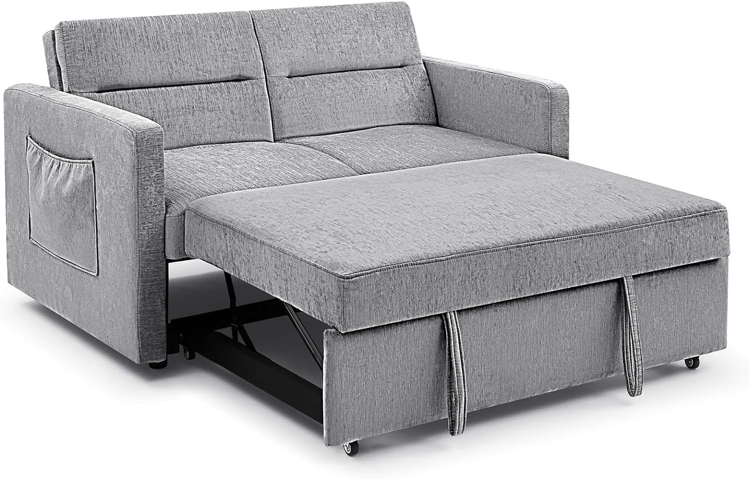 3 in 1 Convertible Sleeper Sofa Bed, Antetek Modern Chenille Loveseat Sleeper Sofa Couch w/Pull-Out Bed, Small Love seat Sofa Bed w/Reclining Backrest & Side Pocket for Living Room, Silver Grey, 54.5