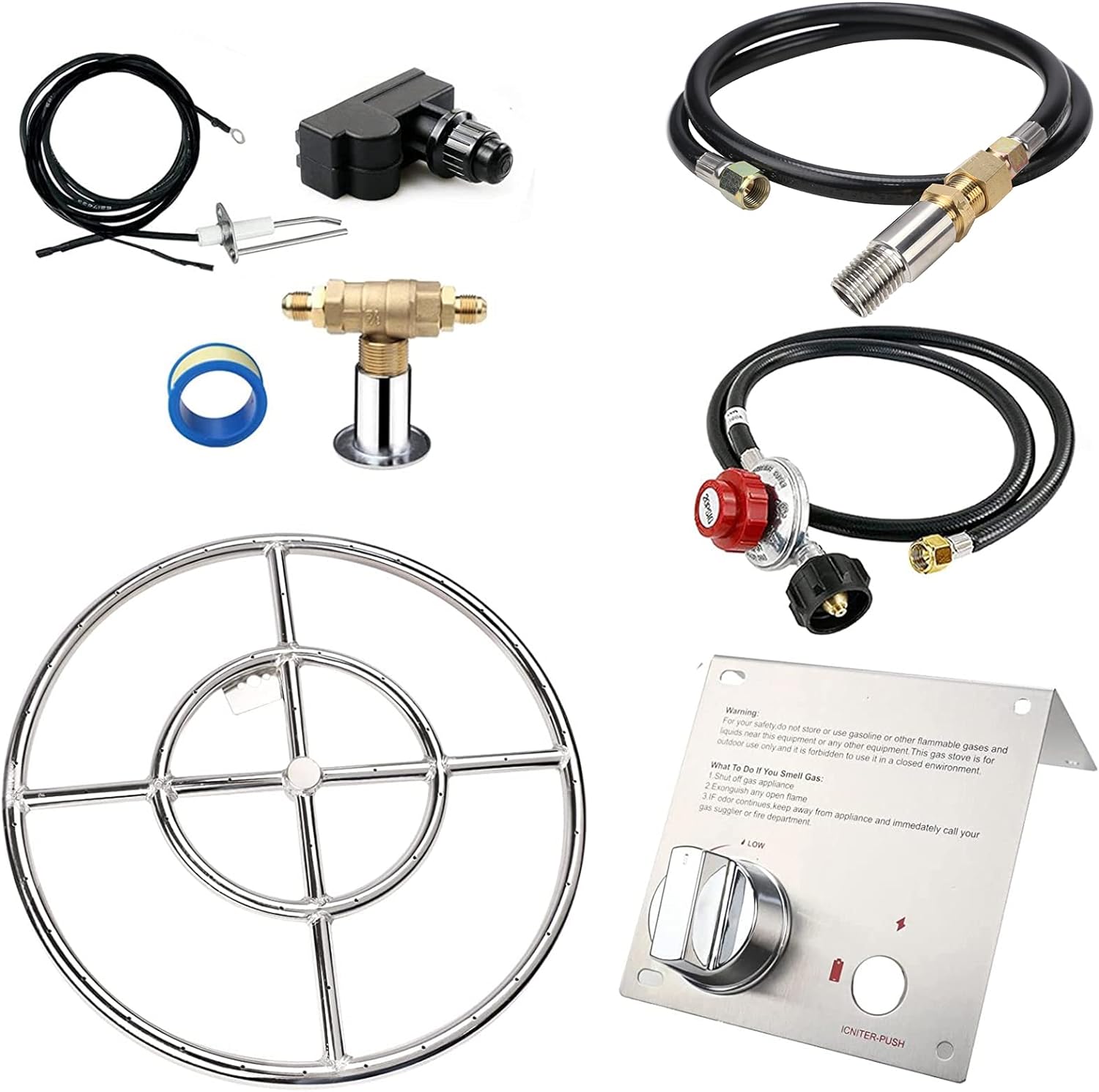 Uniflasy 18 Fire Pit Burner Ring, Stainless Steel Round Propane Burner Firepit Insert Kit, with Spark Ignition and Propane Hose Kit for Indoor or Outdoor DIY Table Fire Pit & Fireplace Parts