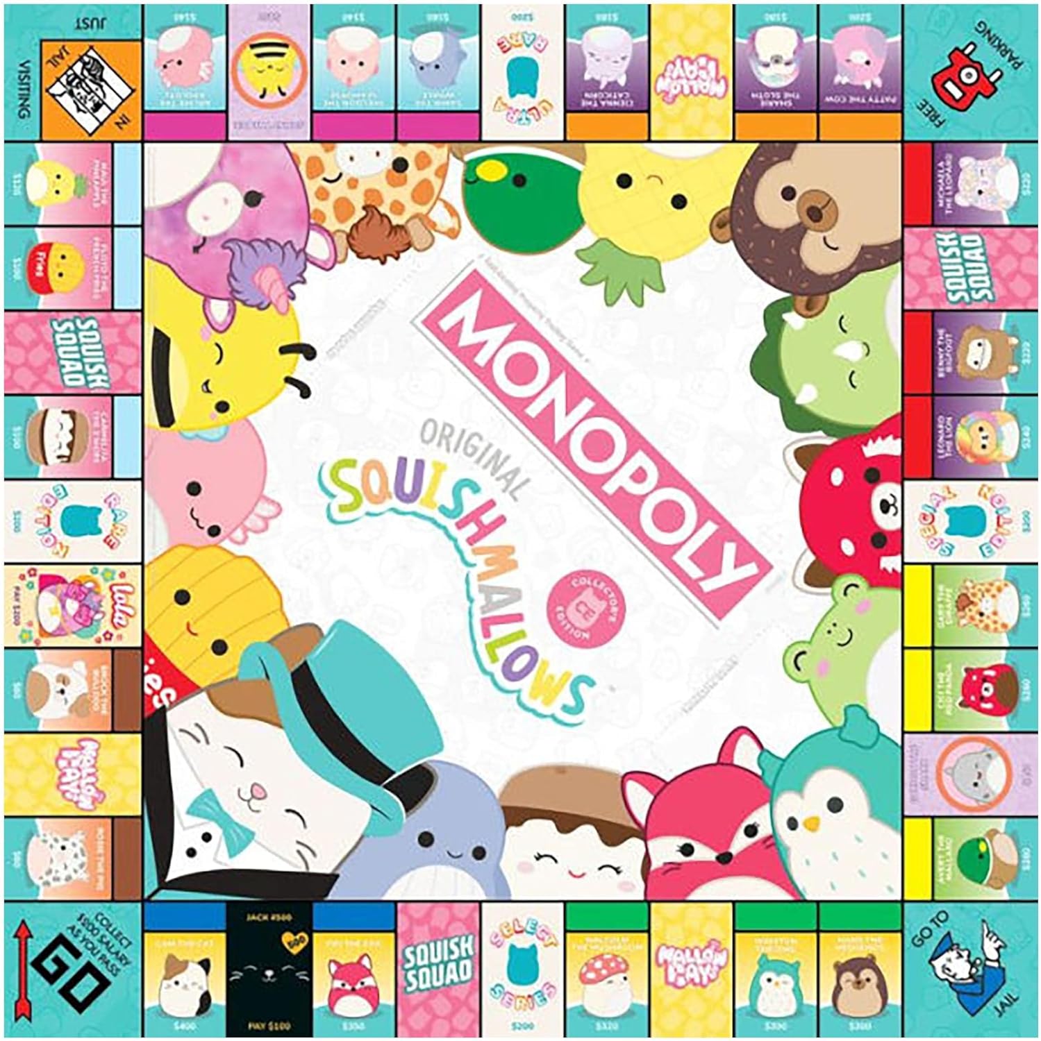 Monopoly: Squishmallows | Collectors Edition Featuring Cam The Cat Plush Buy, Sell, Trade Spaces Squshmallows Collectible Classic Monopoly Game Officially-Licensed For 6 Players