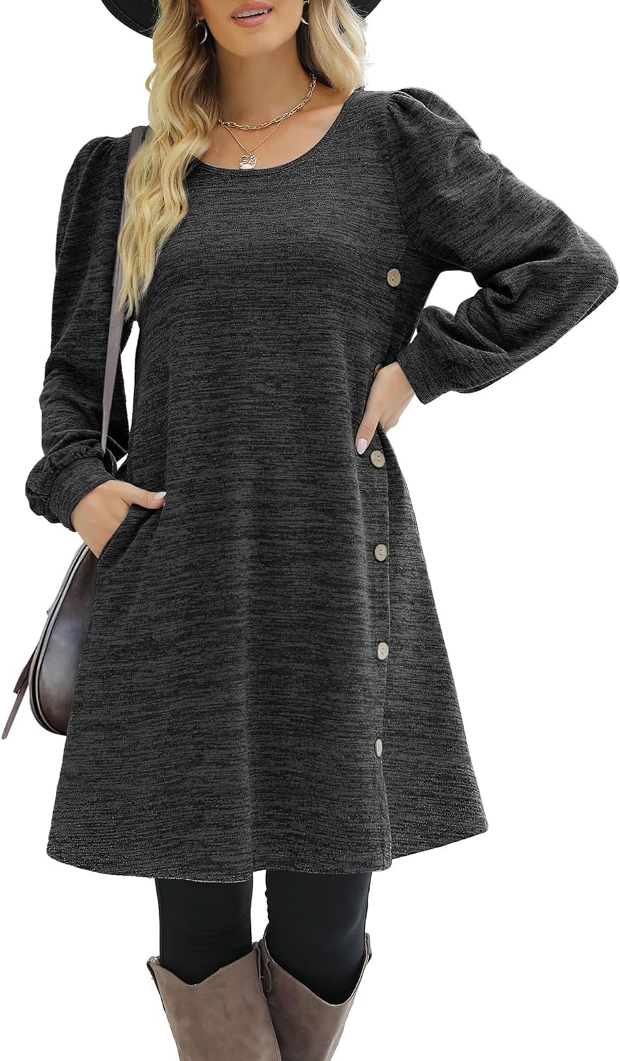 XIEERDUO Women' Long Sleeve Dresses Button Side Scoop Neck Fall Dress Tunic with Pockets