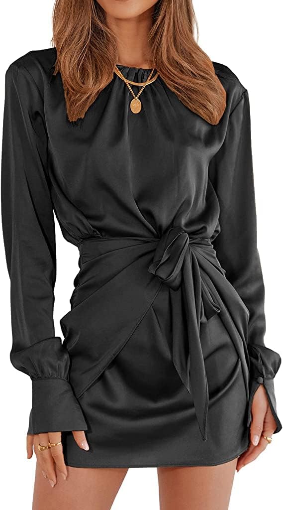 XIEERDUO Long Sleeve Dress for Women Ruched Crewneck Tie Waist Satin Mini Dress