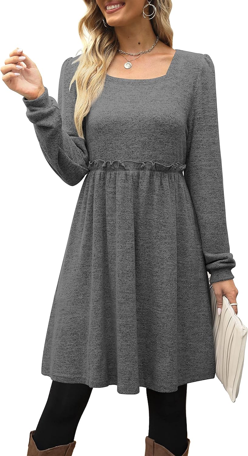 XIEERDUO Womens Long Sleeve Dress Square Neck Puff Sleeve Elastic Waist Casual Dresses