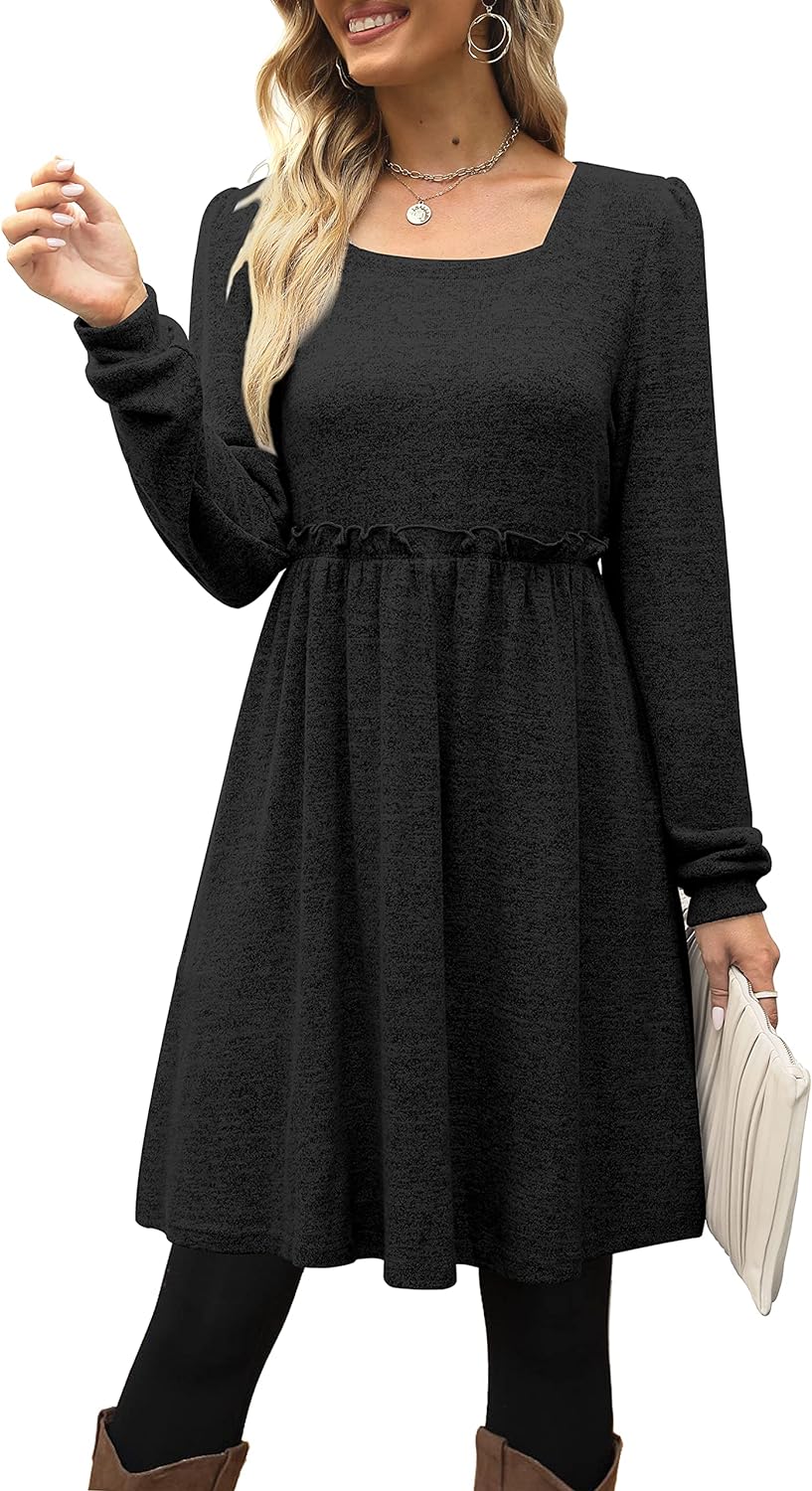 XIEERDUO Womens Long Sleeve Dress Square Neck Puff Sleeve Elastic Waist Casual Dresses