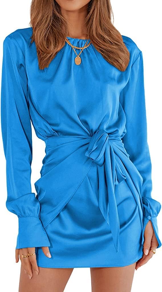 XIEERDUO Long Sleeve Dress for Women Ruched Crewneck Tie Waist Satin Mini Dress