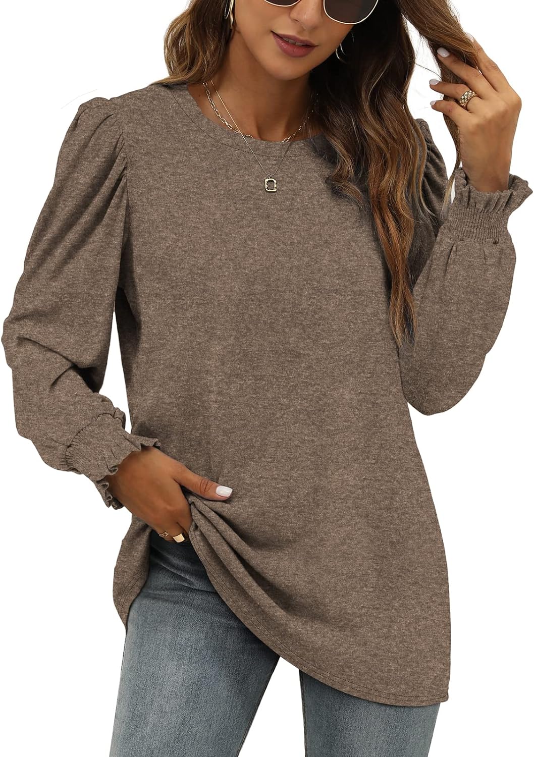 XIEERDUO Womens Long Sleeve Tops 2023 Fall Ruffle Puff Sleeve Cute Tunic Sweatshirts Dressy