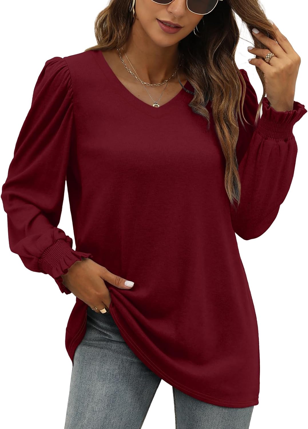 XIEERDUO Womens Long Sleeve Tops 2023 Fall Ruffle Puff Sleeve Cute Tunic Sweatshirts Dressy