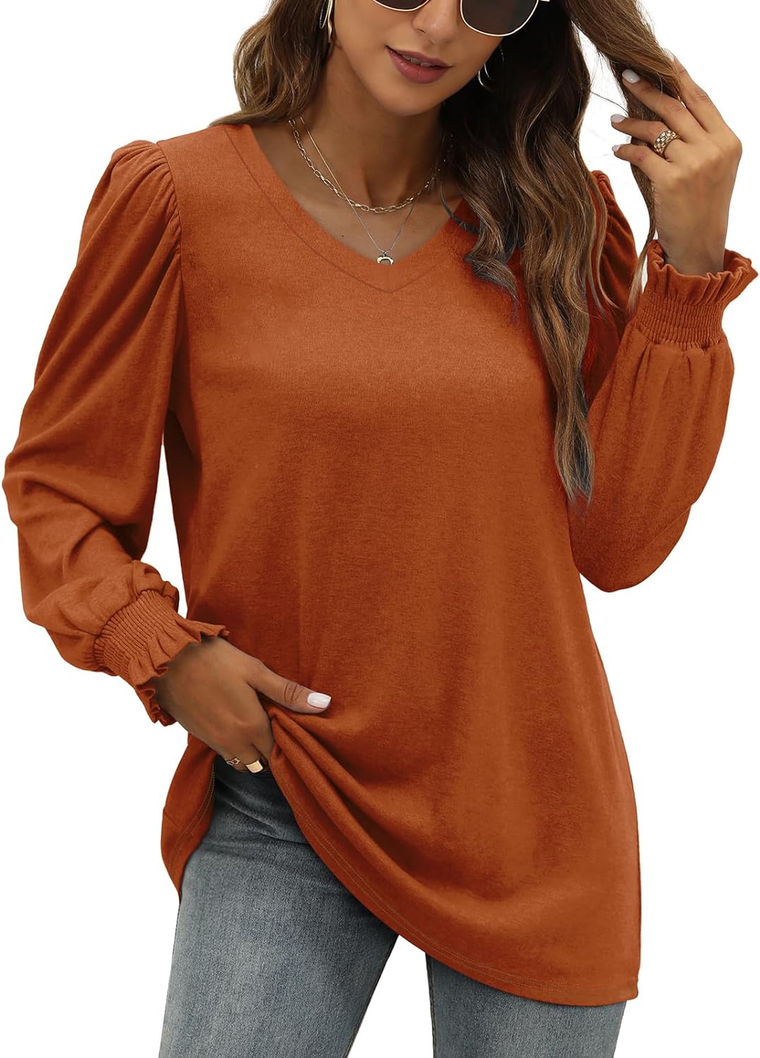 XIEERDUO Womens Long Sleeve Tops 2023 Fall Ruffle Puff Sleeve Cute Tunic Sweatshirts Dressy