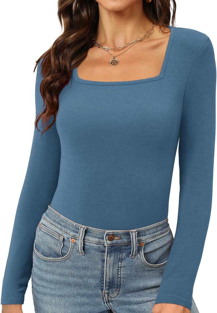 Womens Long Sleeve Square Neck Tops 2024 Spring Slim Fit Tees Shirts