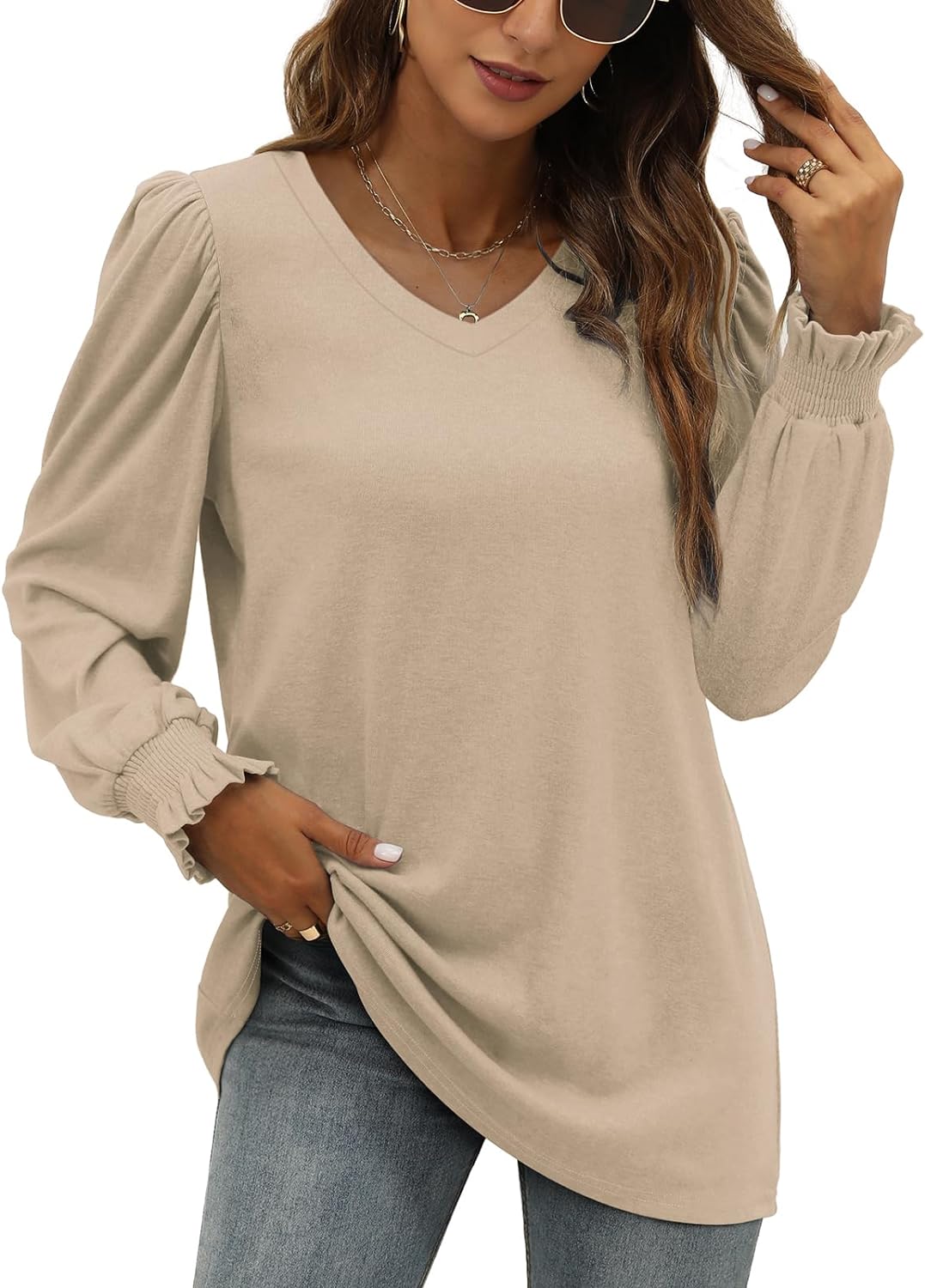 XIEERDUO Womens Long Sleeve Tops 2023 Fall Ruffle Puff Sleeve Cute Tunic Sweatshirts Dressy