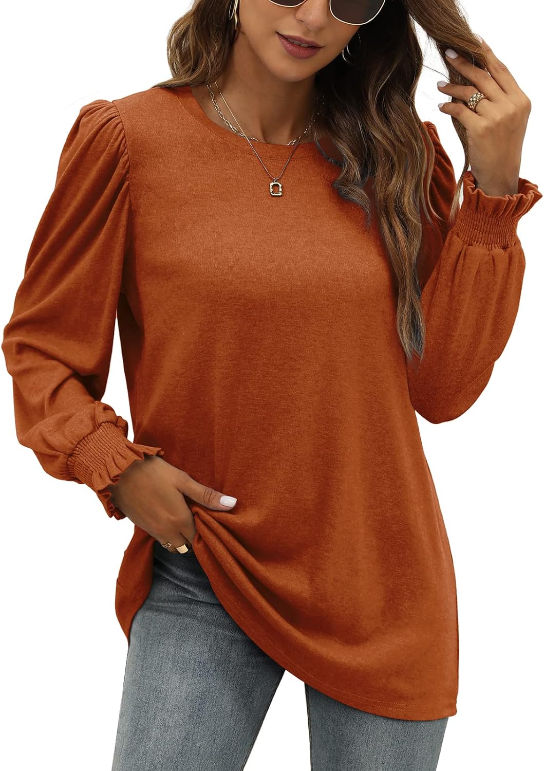 XIEERDUO Womens Long Sleeve Tops 2023 Fall Ruffle Puff Sleeve Cute Tunic Sweatshirts Dressy