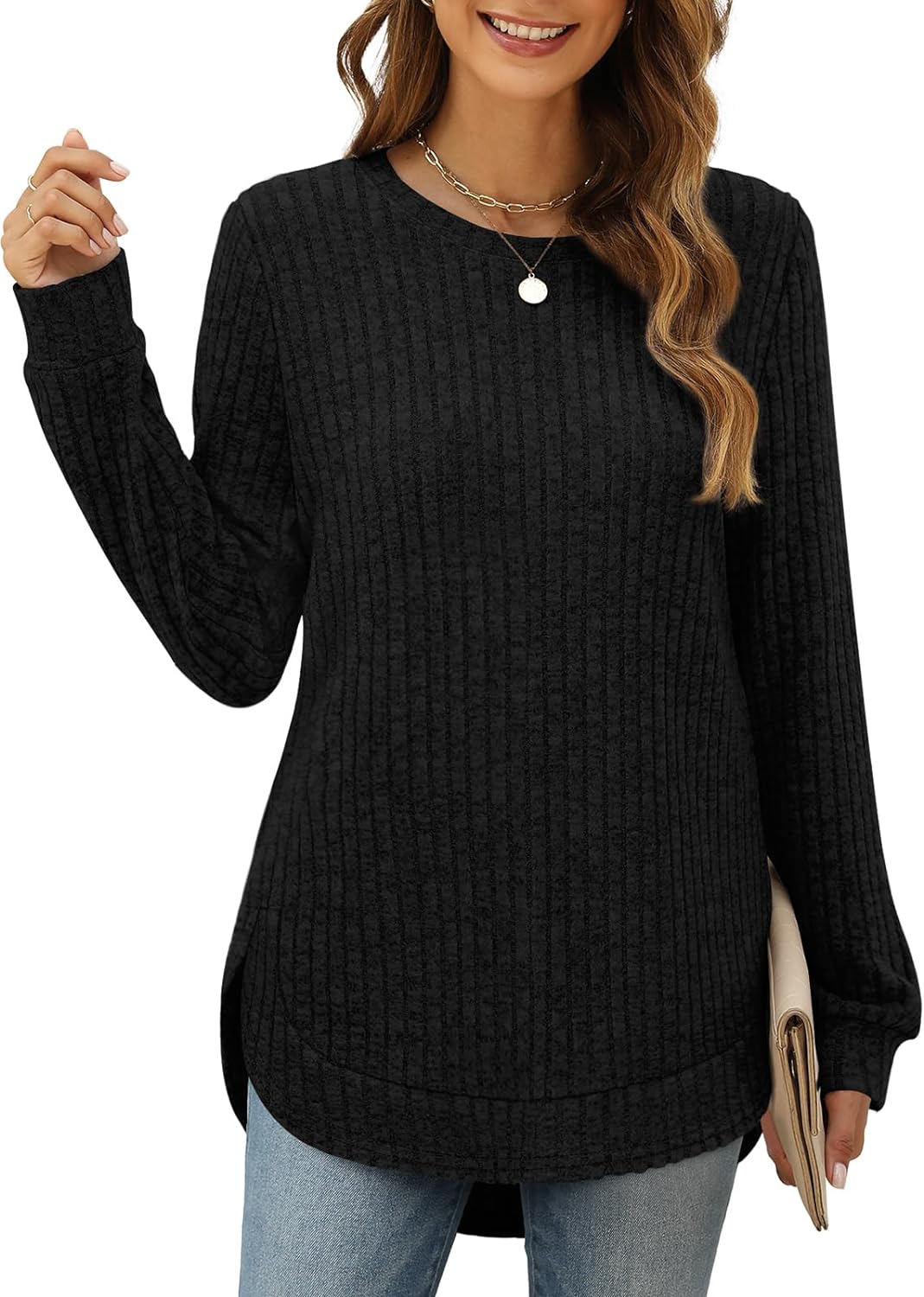 XIEERDUO Womens Tunic Tops Loose Fit Crewneck Long Sleeve Shirts High Low Curved Hem