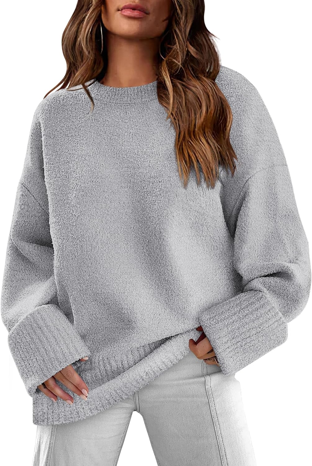 XIEERDUO Oversized Sweaters for Women Crewneck Long Sleeve Fuzzy Knit Warm Pullover Sweater