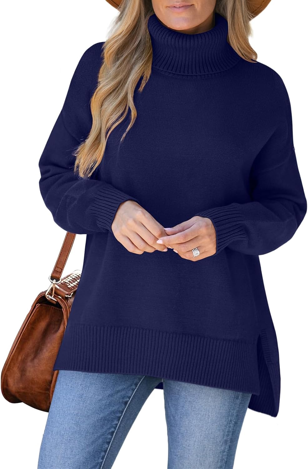 XIEERDUO Women' Turtleneck Sweaters Oversized Tops Side Slit High Low Hem S-3XL