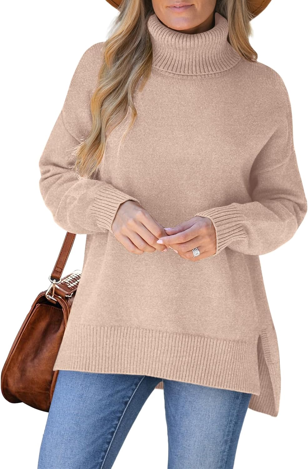 XIEERDUO Women' Turtleneck Sweaters Oversized Tops Side Slit High Low Hem S-3XL