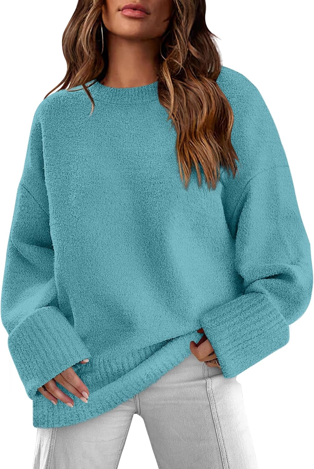 XIEERDUO Oversized Sweaters for Women Crewneck Long Sleeve Fuzzy Knit Warm Pullover Sweater