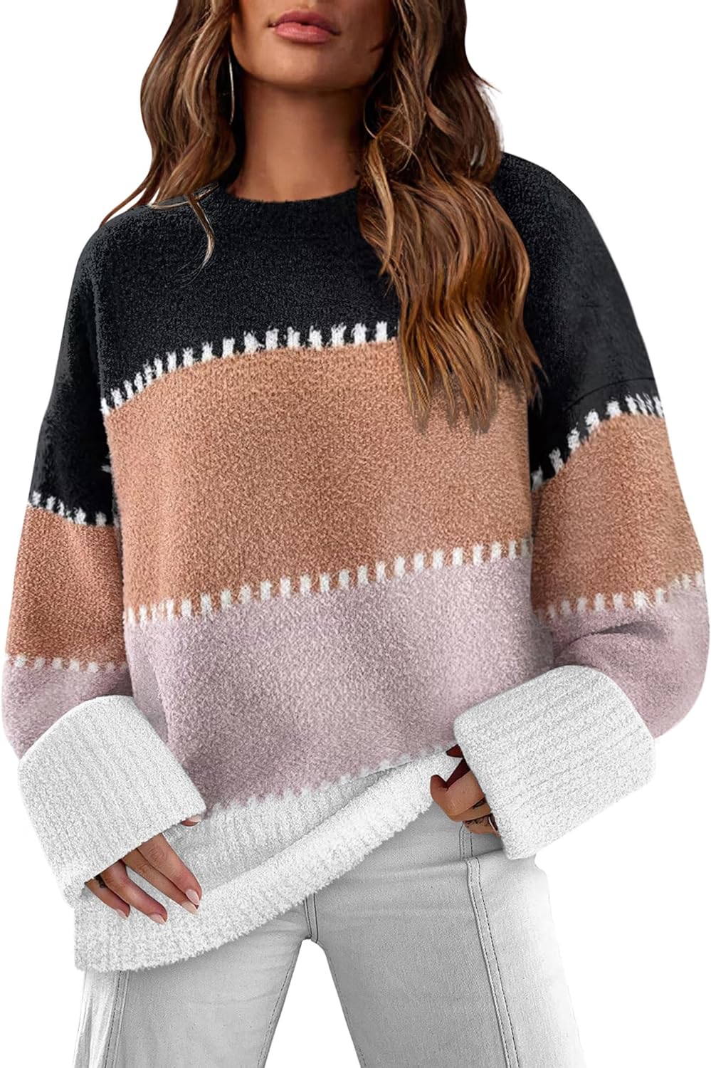 XIEERDUO Oversized Sweaters for Women Crewneck Long Sleeve Fuzzy Knit Warm Pullover Sweater