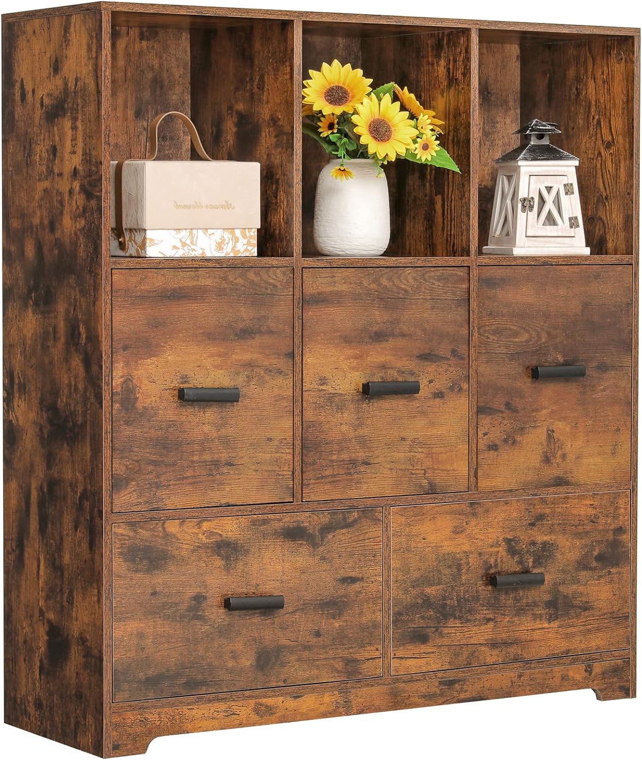 usikey Large Storage Cabinet with 5 Drawers, Wooden of Floor Cabinet with 6 Compartments, Living Room, Entryway, Rustic Brown