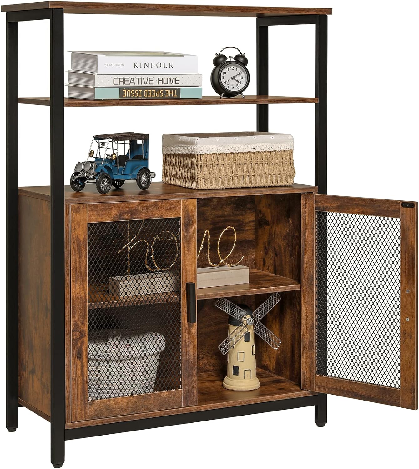 usikey Storage Cabinet with 2 Doors, Rustic Kitchen Storage Cabinet with 3 Shelves, Industrial Cupboard, Sideboard for Kitchen, Bedroom, Living Room, Rustic Brown