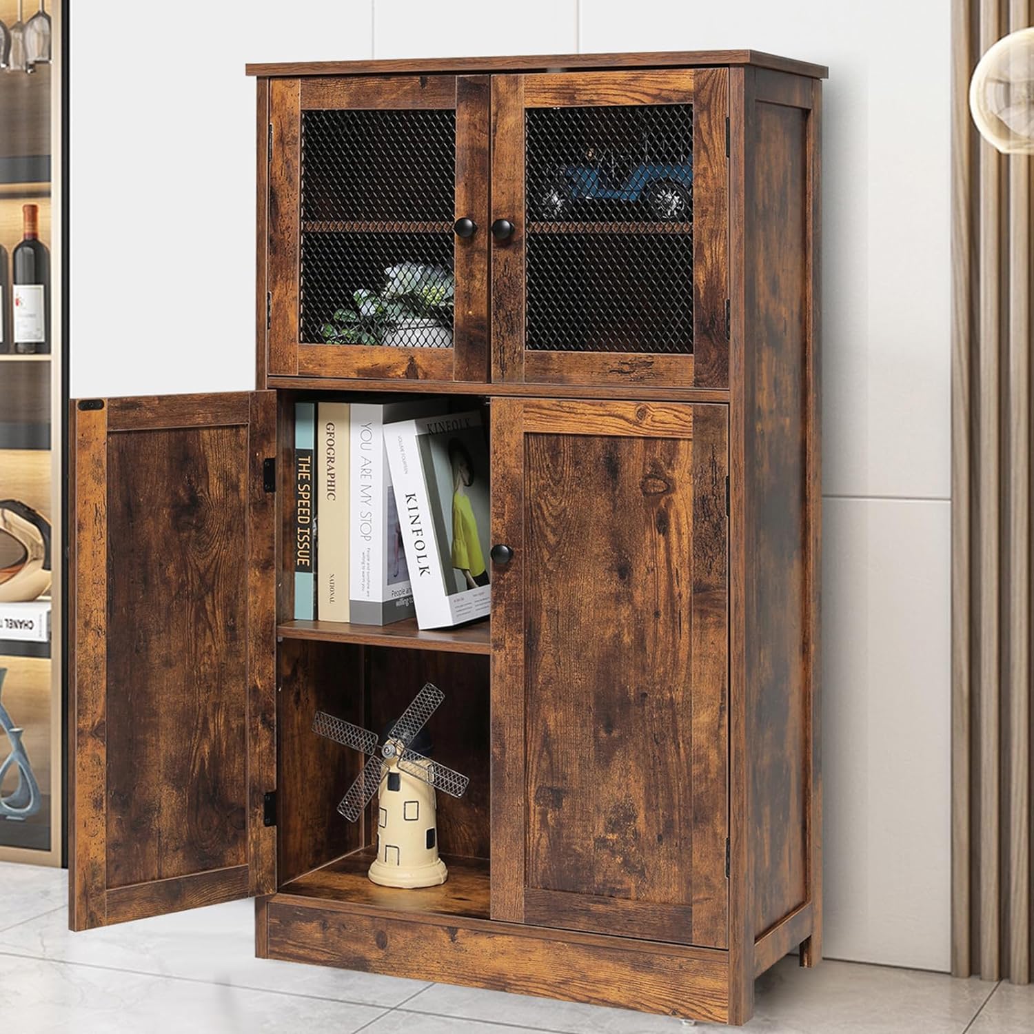 usikey Storage Cabinet with 4 Doors, Floor Storage Cabinet with 2 Shelves, Bathroom Storage Cabinet with Adjustable Shelf, for Living Room, Home Office, Kitchen, Rustic Brown