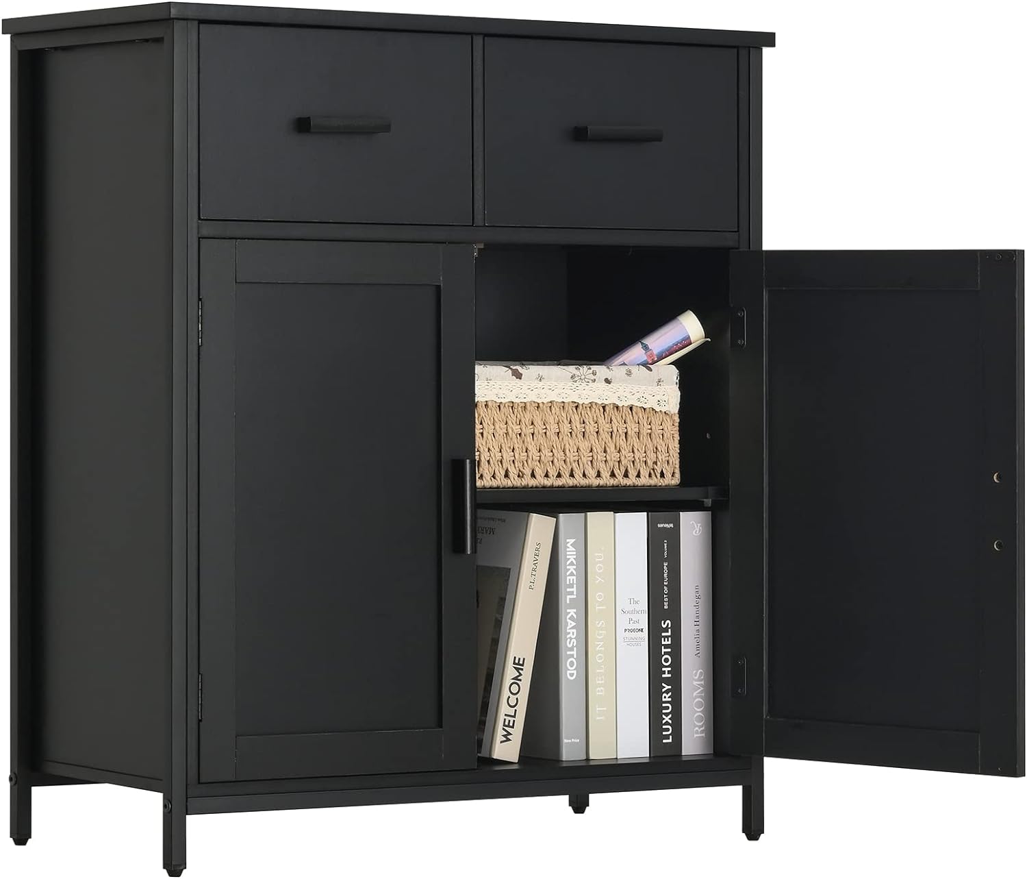 usikey Storage Cabinet, Industrial Floor Cabinet with 2 Drawers & Doors, Freestanding Storage Cabinet with 1 Shlef & Metal Frame, Sideboard, Accent Cupboard for Living Room, Kitchen, Black