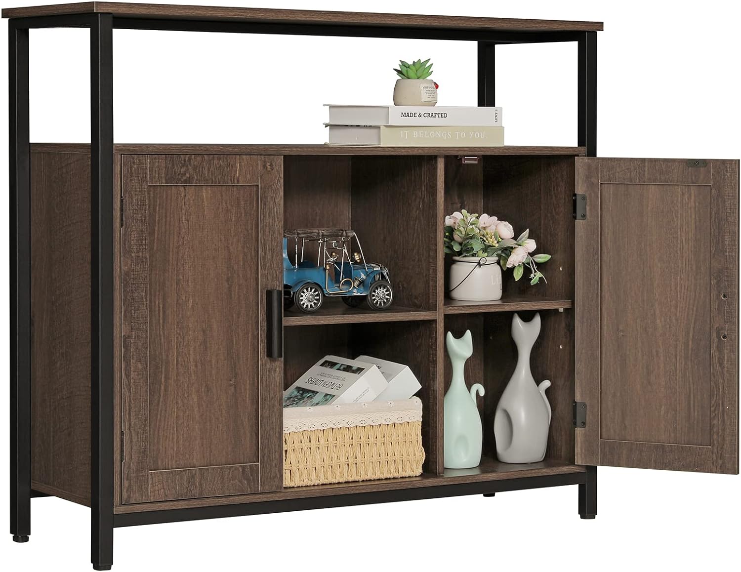 usikey Storage Cabinet with 2 Doors, Buffet Cabinet, Kitchen Cabinet with Adjustable Shelves, Open Compartment, Storage Sideboard, for Dining Room, Living Room, Bedroom, Dark Oak