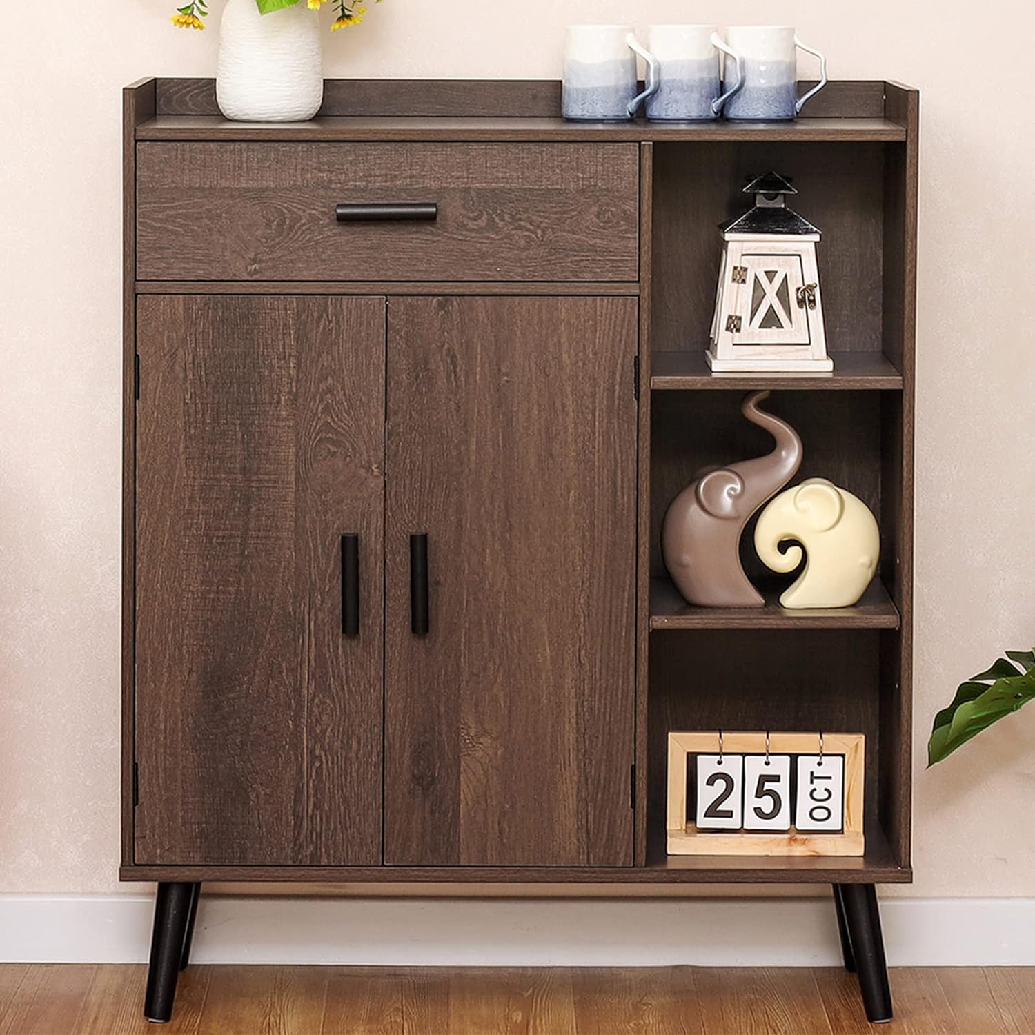 usikey 37.2 H Tall Storage Cabinet with 1 Drawer and 2 Doors, Mid Century Floor Storage Cabinet with 3 Shelves, Wooden Sideboard, Cupboard for Living Room, Bedroom, Home Office, Dark Oak