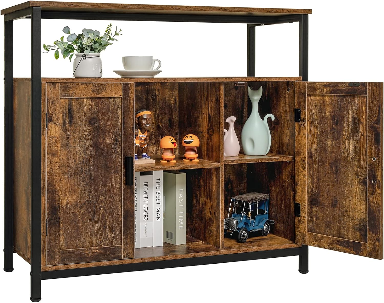 usikey Storage Cabinet with 2 Doors, Buffet Cabinet, Kitchen Cabinet with Adjustable Shelves, Open Compartment, Storage Sideboard, for Dining Room, Living Room, Bedroom, Rustic Brown