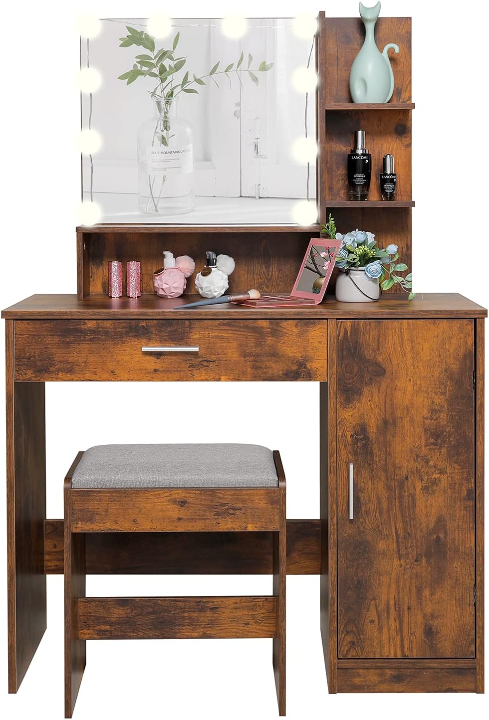 usikey Makeup Vanity Desk for Valentine' Day, Vanity Desk Set with 1 Drawer, 1 Cabinet & 3 Shelves, Makeup Vanity Table with Stool for Bedroom, 3 Lighting Modes & Brightness Adjustable, Rustic Brown