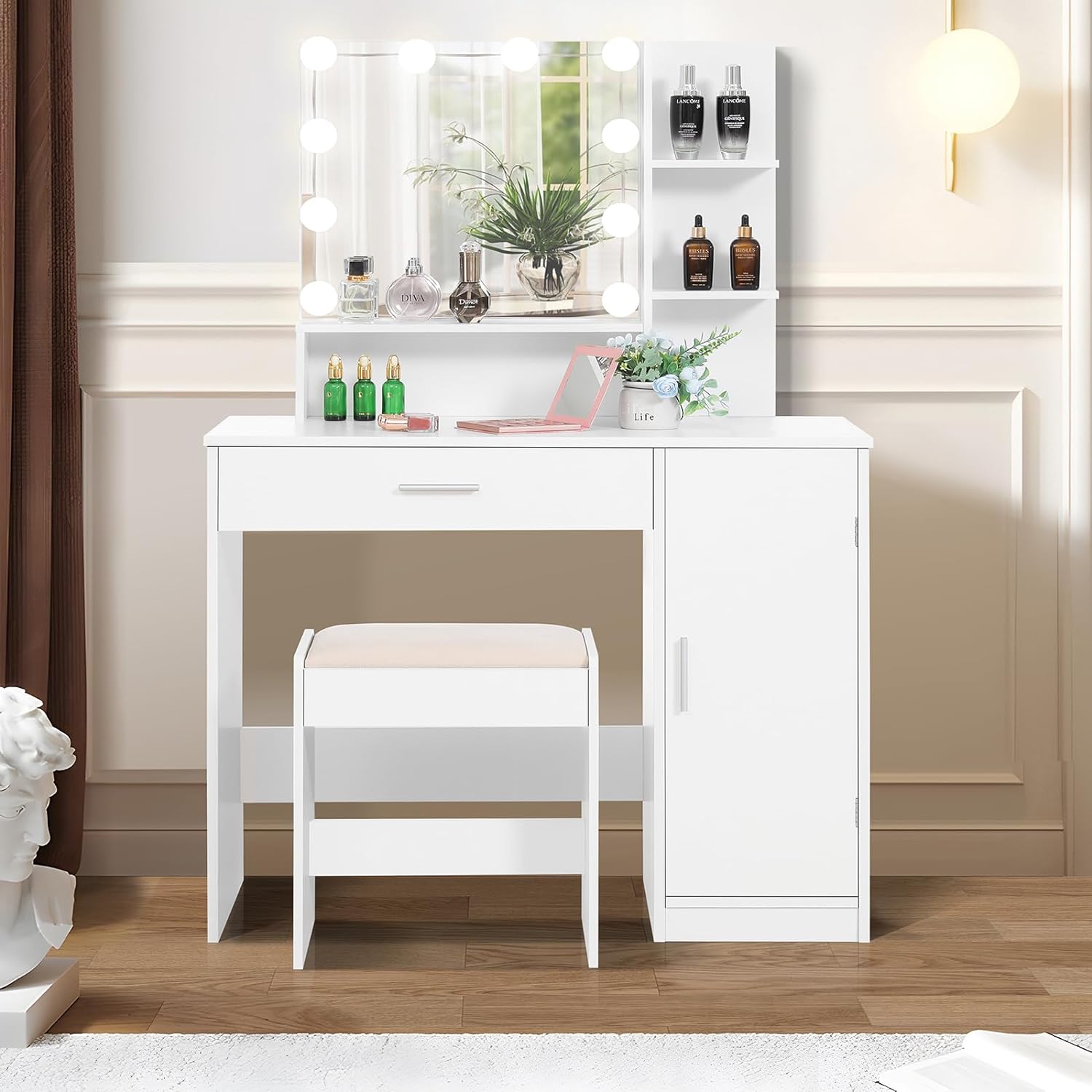 usikey Makeup Vanity Desk for Valentine' Day, Vanity Desk Set with 1 Drawer, 1 Cabinet & 3 Shelves, Makeup Vanity Table with Stool for Bedroom, 3 Lighting Modes & Brightness Adjustable, White