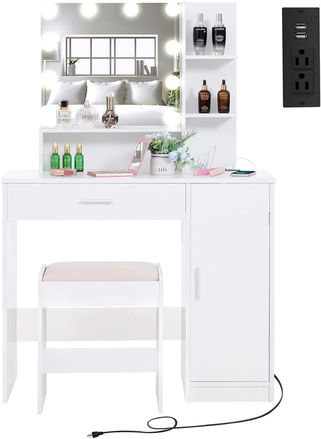 usikey Vanity Desk with Mirror & Lights for Christmas Day, Makeup Vanity Table with Power Strip, Bedroom Dressing Table with Drawer & Cabinet, 10 LED Lights, 3 Color & Brightness Adjustable, White