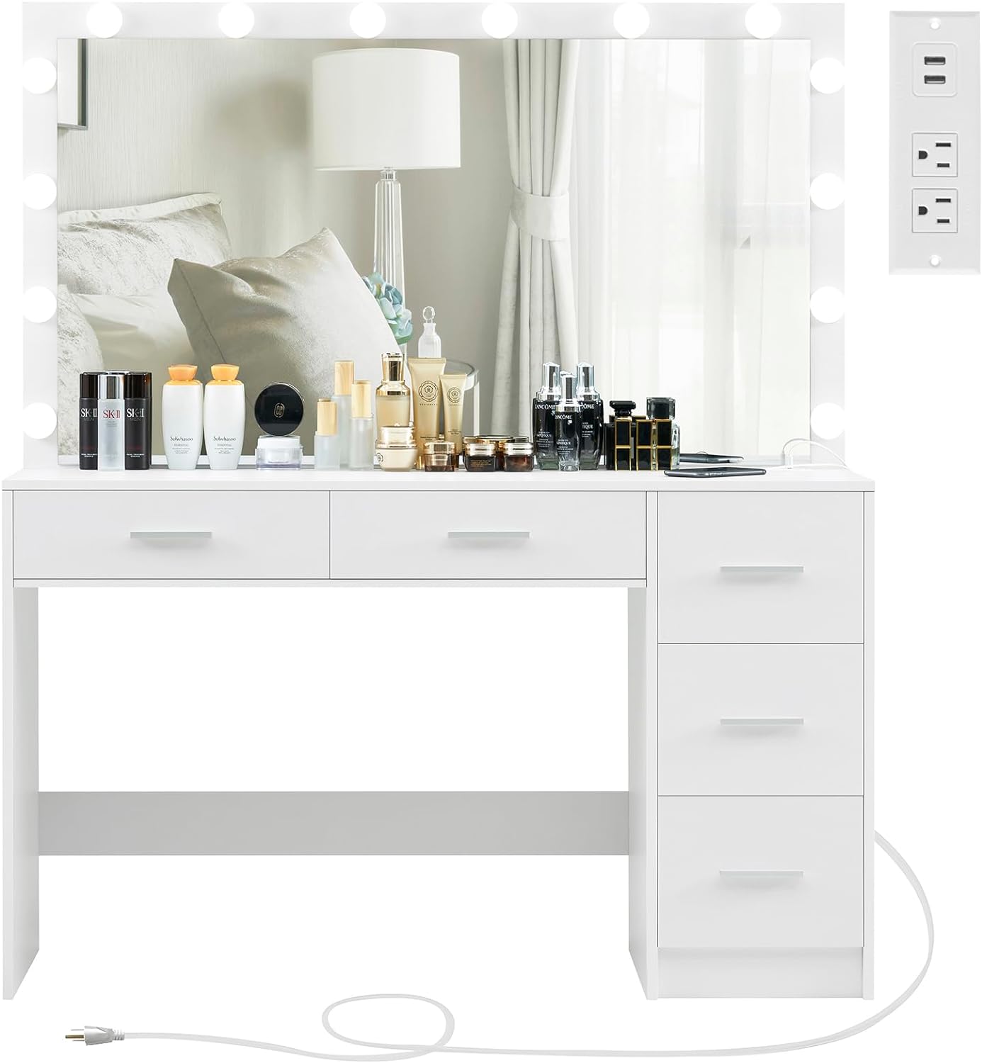 usikey 47.2 Large Vanity Desk with Large Lighted Mirror, 14 Lights, Makeup Vanity Table with 5 Large Drawers & Charging Station, Makeup Vanity Desk, Vanity Table Set for Bedroom, White