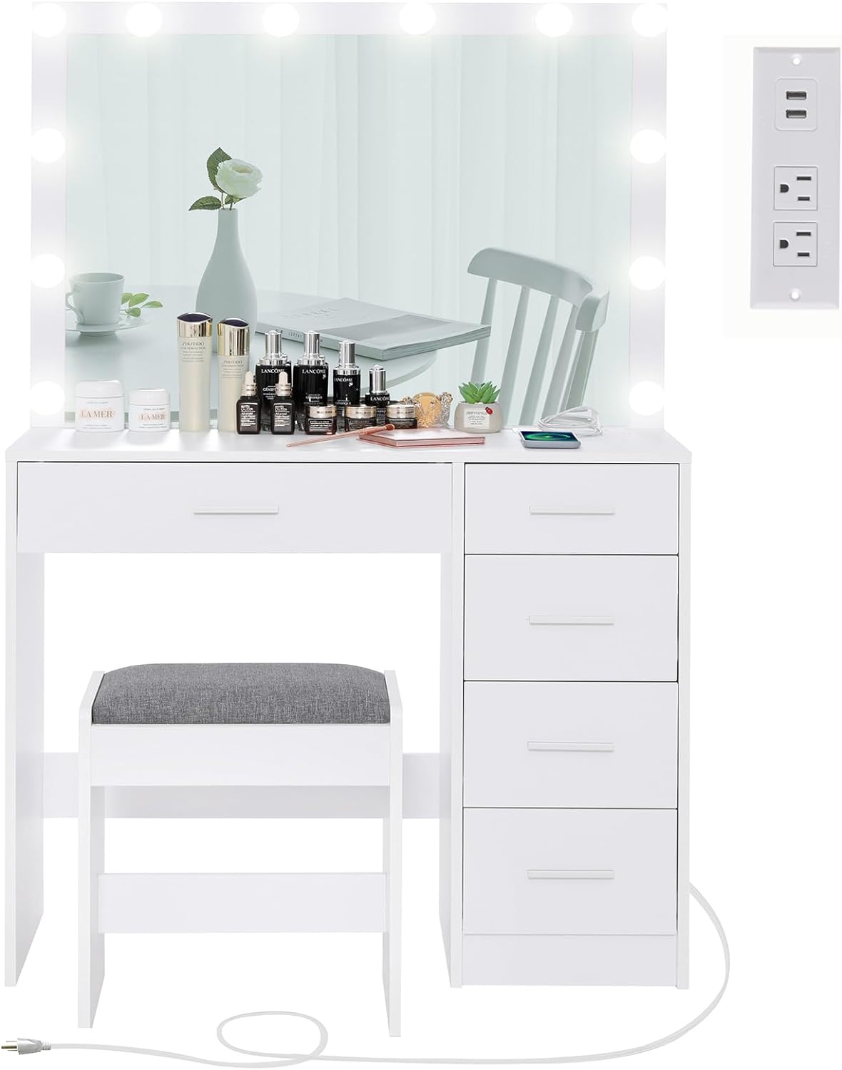 usikey Lighted Makeup Vanity Table with Mirror for Christmas, Charging Station, Large Drawer, 4-Drawer Chest, Vanity Set with Stool for Bedroom, White