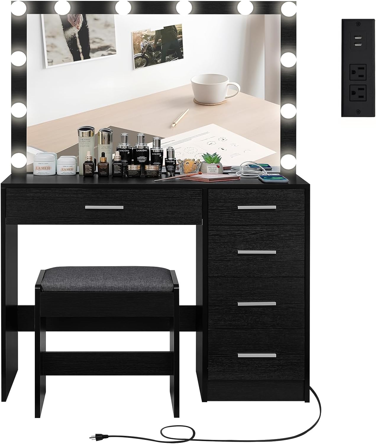 usikey Makeup Vanity Table with Large Lighted Mirror for Christmas Day, 12 Lights, Vanity Desk with Charging Station, 1 Large Drawer & 4-Drawer Chest, Vanity Table Set with Stool for Bedroom, Black