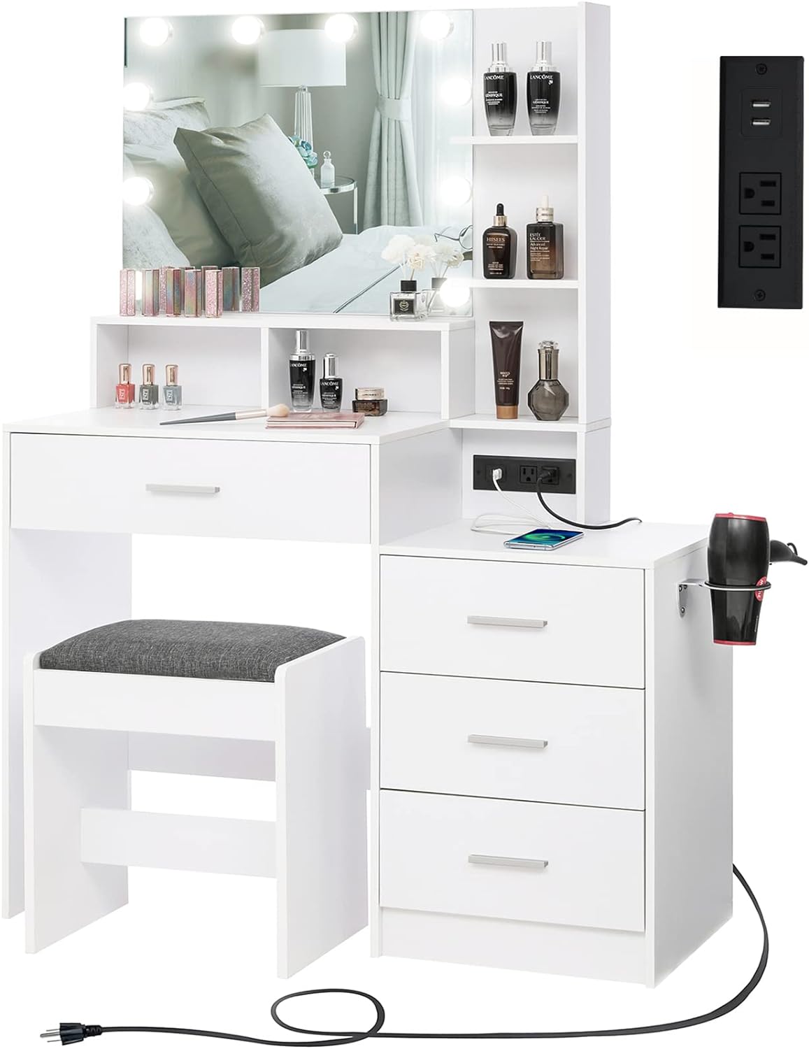 usikey Large Vanity Table Set with Lighted Mirror & Charging Station, Makeup Vanity Dressing Table with 4 Storage Shelves and 4 Drawers, Vanity Desk with 3-Drawer Chest and Cushioned Stool, White