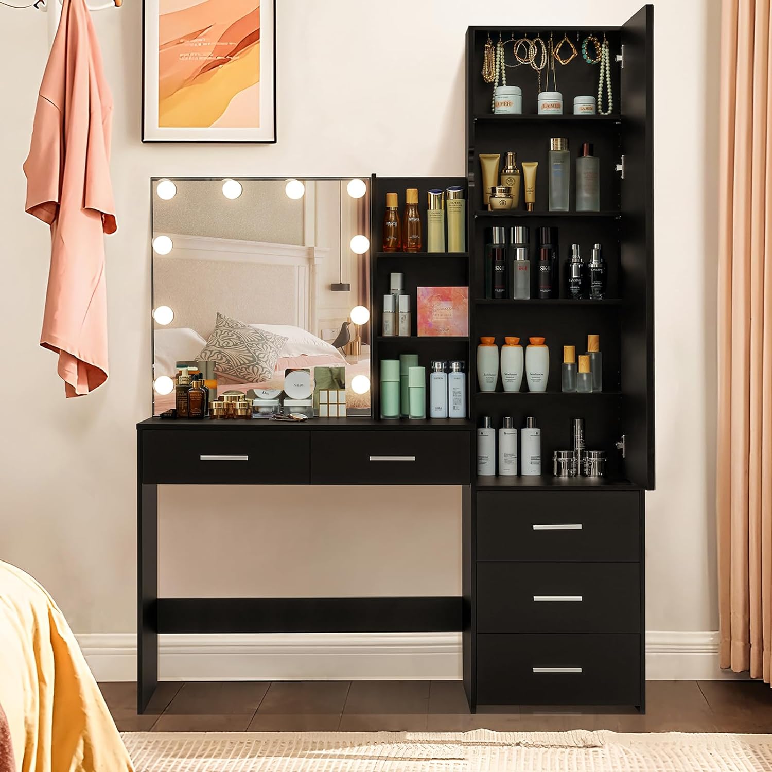 usikey 47.2 Large Vanity Desk with 10 Lights Bulbs & Full-Length Mirror, 70.9 High, Makeup and 5 Drawers, Table Set Mirror Cabinet 8 Storage Shelves, Black