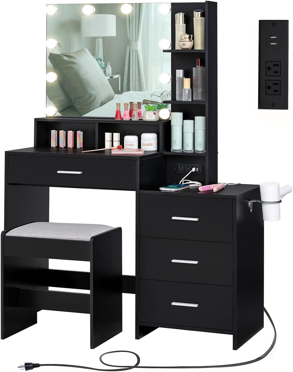 usikey Large Vanity Table Set with Lighted Mirror & Charging Station, Makeup Vanity Dressing Table with 4 Storage Shelves and 4 Drawers, Vanity Desk with 3-Drawer Chest and Cushioned Stool, Black