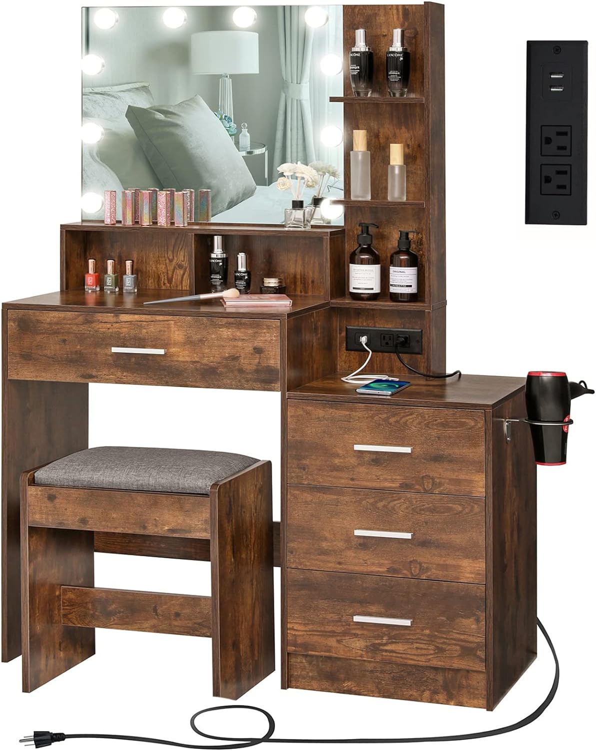 USIKEY Large Vanity Table Set with Lighted Mirror & Charging Station, Makeup Vanity Dressing Table with 4 Drawers for Valentine' Day, Vanity Desk with 3-Drawer Chest and Cushioned Stool, Rustic Brown