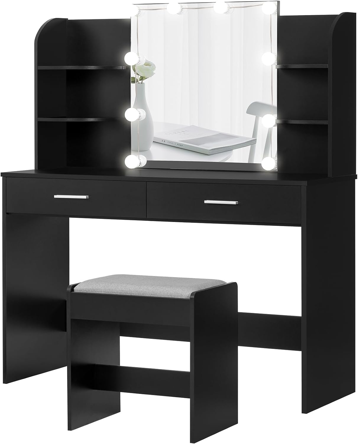 usikey Vanity Desk, Makeup Vanity Table with 10 LED Light Bulbs, Vanity Table, Vanity Desk Set with 2 Drawers, 6 Storage Shelves & Cushioned Stool for Women Girls, Bedroom, Black