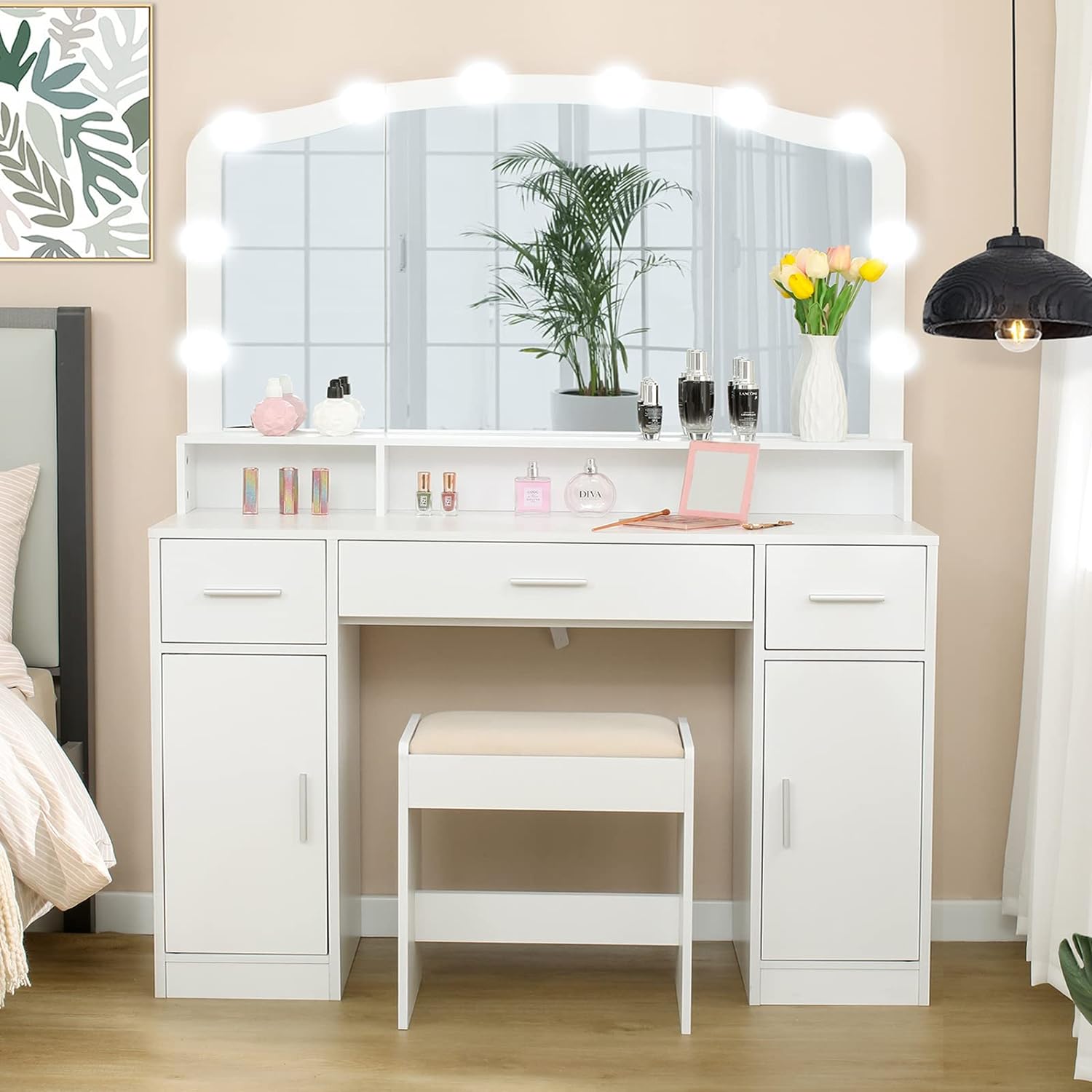 usikey Large Vanity Desk with Large Lighted Mirror, Modern Makeup Vanity Table with 3 Drawers, 2 Storage Cabinets & 10 LED Bulbs, Bedroom Dressing Table with Cushioned Stool for Women, White