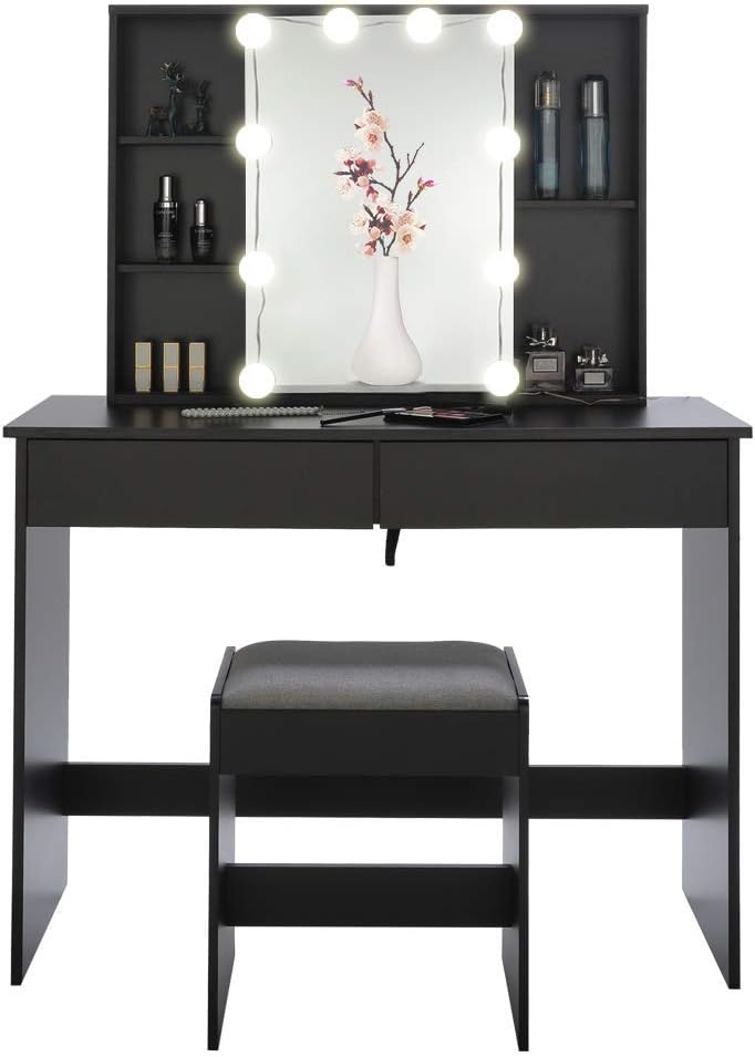 Makeup Vanity Desk with Sliding Lighted Mirror for Christmas Day, Makeup Table Vanity Desk with 2 Large Drawers, 3 Color Lighting Modes, Brightness Adjustable, Vanity Table for Women Girls, Black