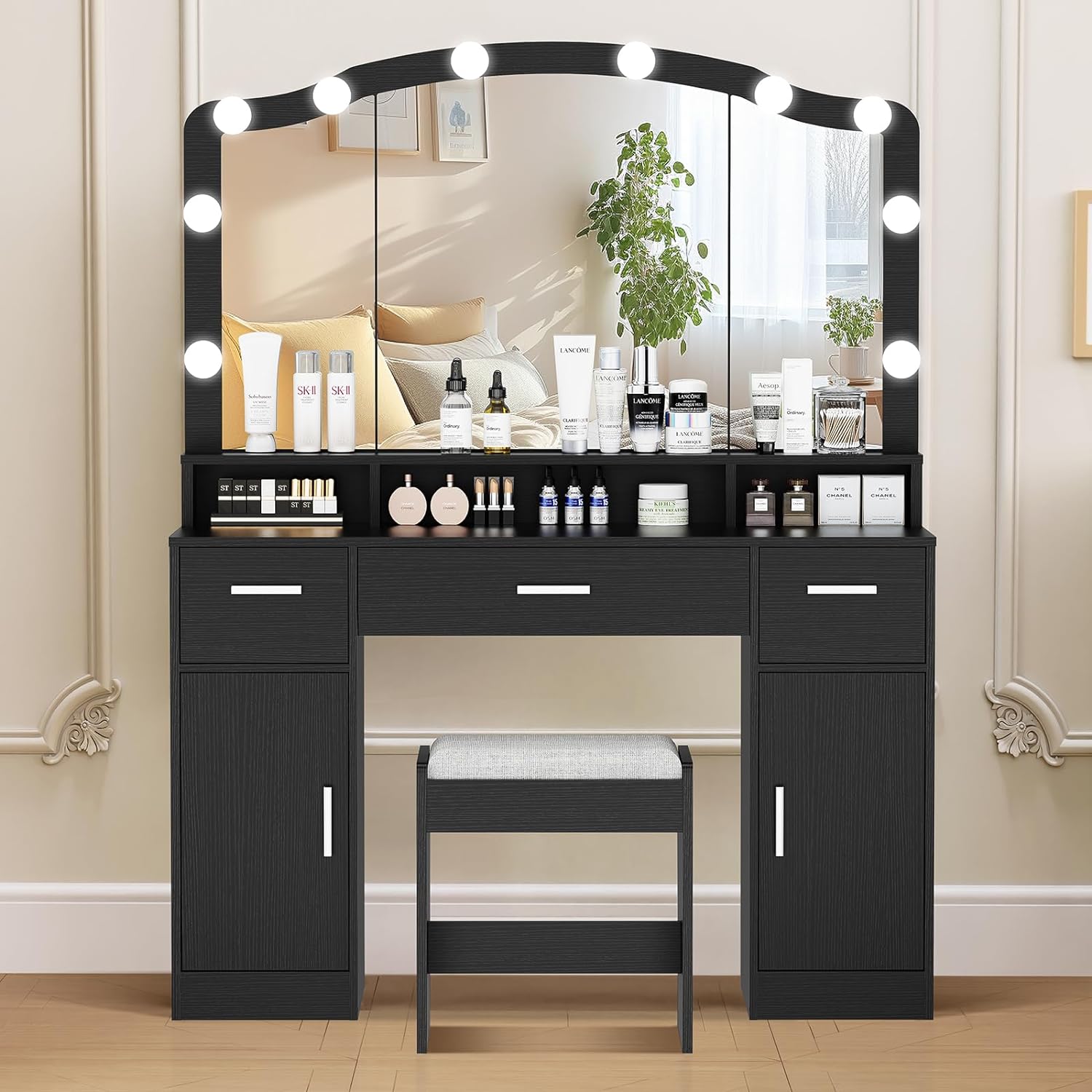 usikey Large Vanity Set with Large Lighted Mirror, Modern Makeup Vanity Table with 3 Drawers, 2 Storage Cabinets & 10 LED Bulbs, Dressing Table with Cushioned Stool for Women, Bedroom, Black