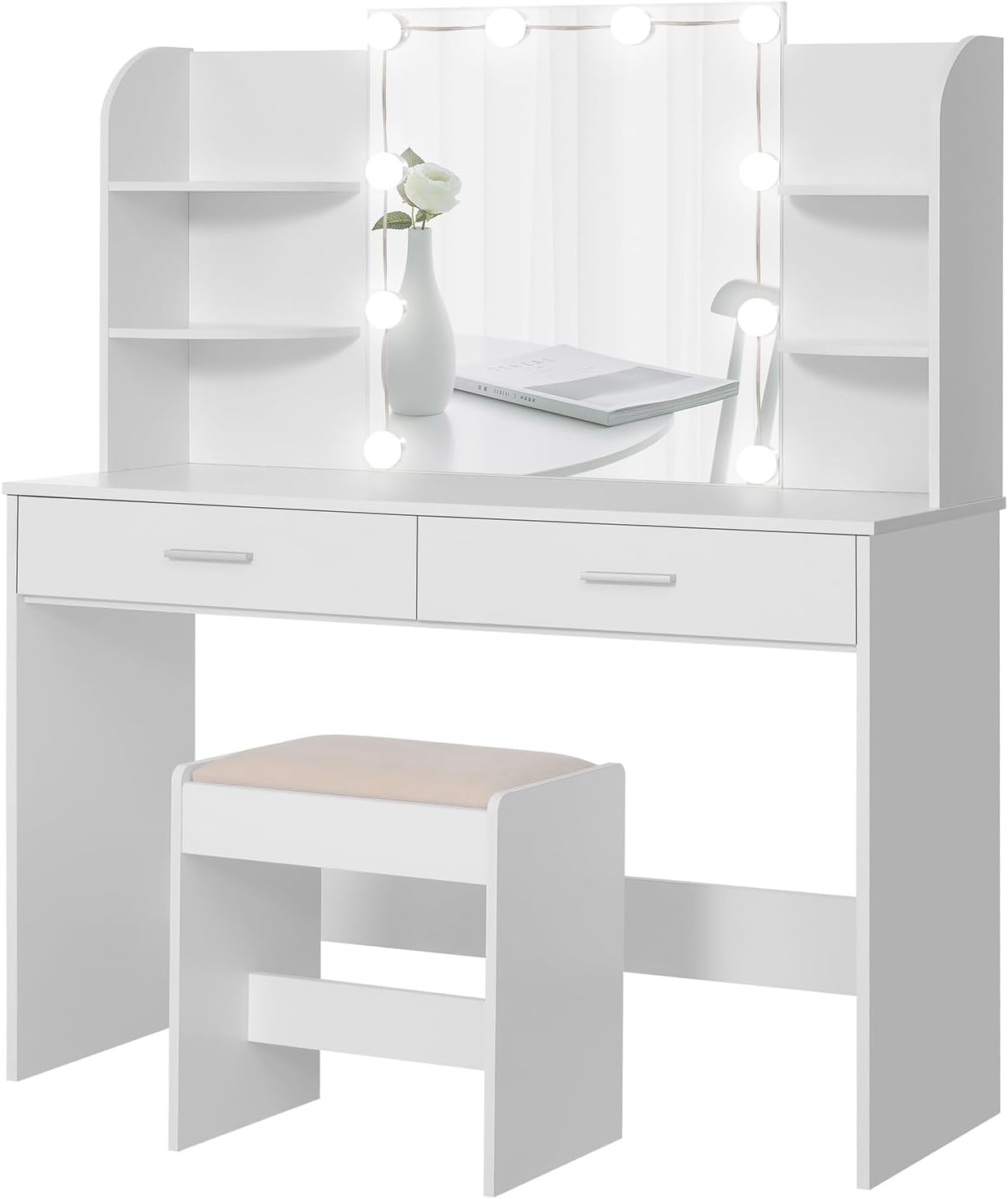 usikey Vanity Desk, Makeup Vanity Table with 10 LED Light Bulbs, Vanity Table, Vanity Desk Set with 2 Drawers, 6 Storage Shelves & Cushioned Stool for Women Girls, Bedroom, White