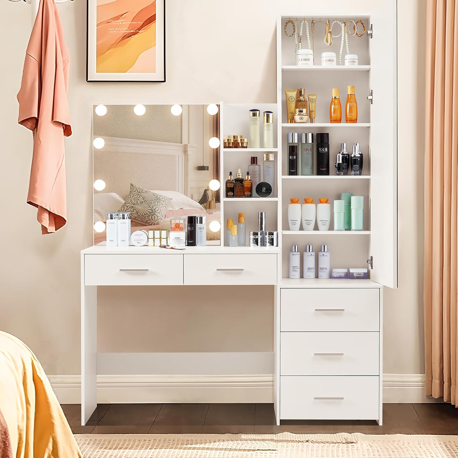 usikey 47.2 Large Vanity Desk with 10 Lights Bulbs & Full-Length Mirror, 70.9 High, Makeup Vanity with Lights and 5 Drawers, Vanity Table Set with Mirror Cabinet and 8 Storage Shelves, White