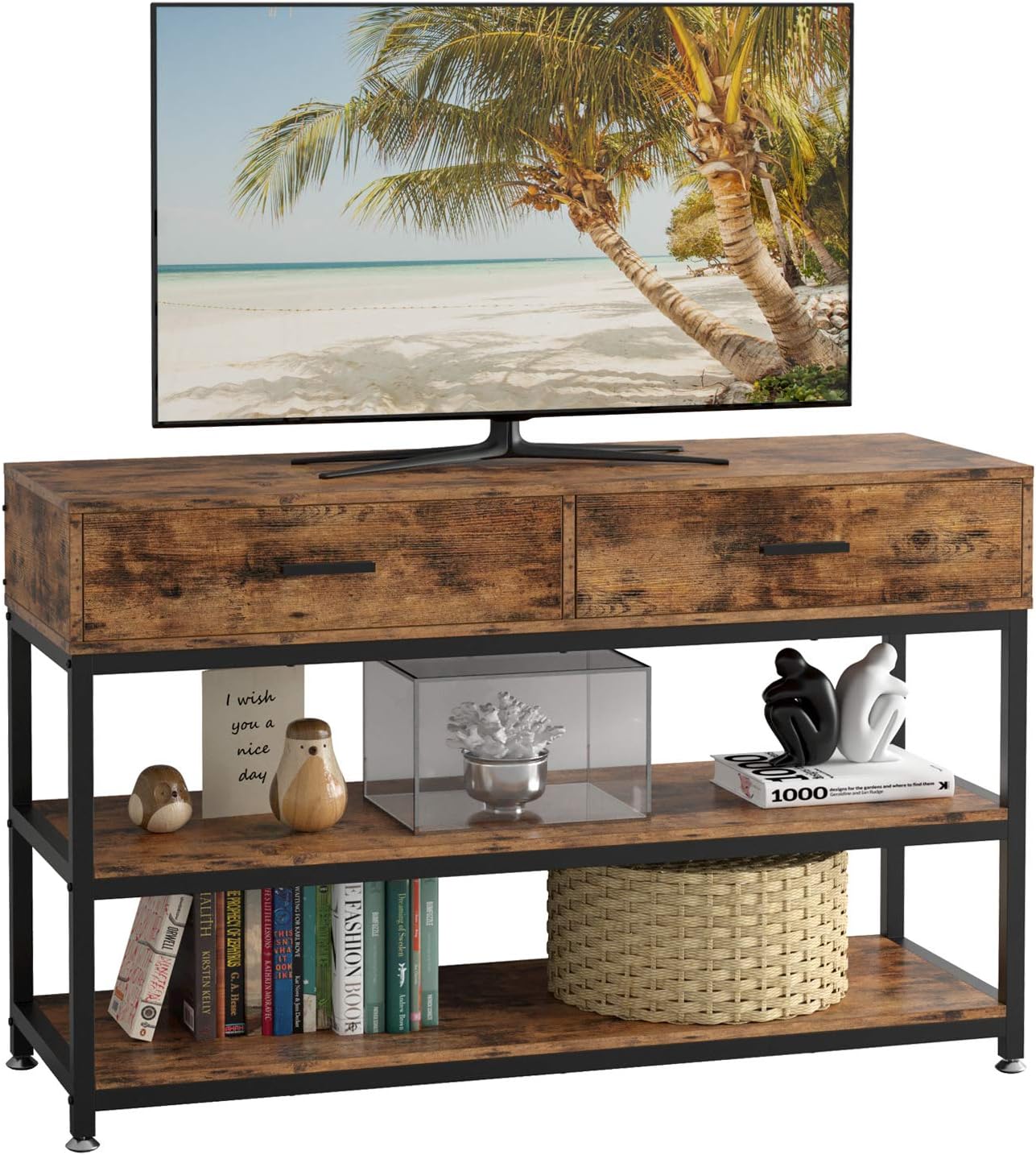 IRONCK TV Stand for 55 Inch TV with Drawers, Entertainment Center TV Stand Console Table for Living Room, 47 Inches Wood TV Console Storage Cabinet, Vintage Brown