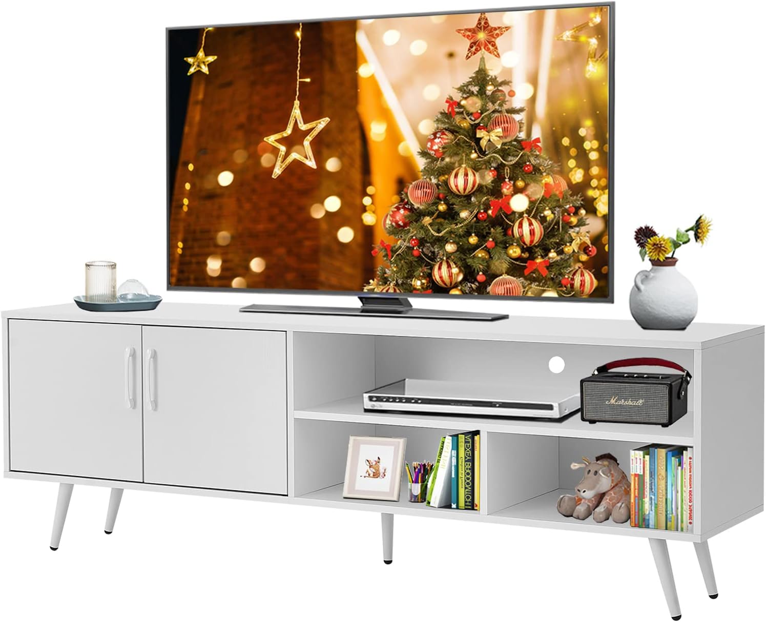 Panana 62.99 TV Stand Television Stands TV Console Unit with 3 Open Cubby and 2 Doors for Living Room Bedroom for TVs up to 70 Inches, White