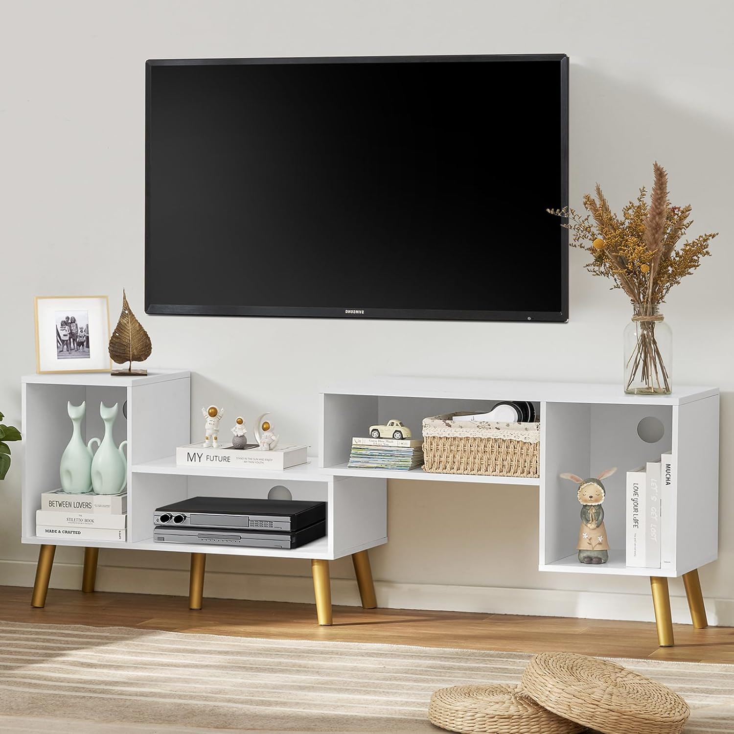 usikey 62L Deformable TV Stand, 2 Pieces TV Stand for 55~70 Inch TV, Entertainment Center with Open Storage Shelves & Legs, Free-Combination TV Console, Media Console for Living Room, Bedroom, White