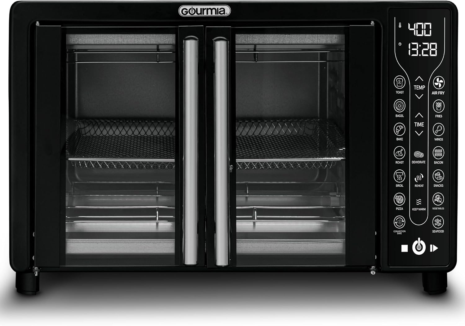 Gourmia Toaster Oven Air Fryer Combo 17 cooking presets 1700W french door digital air fryer oven 24L capacity accessories, convection rack, baking pan tray recipe book GTF7460,Large,Black